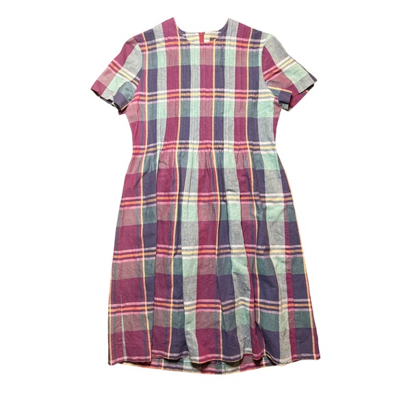 Positive Attitude Dresses & Skirts - Positive Attitude Plaid Linen Blend Midi Dress Womens 8 Multi Color Short Sleeve